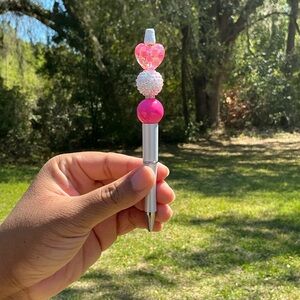 Custom Made Pink and Silver Beaded Pen with Heart
